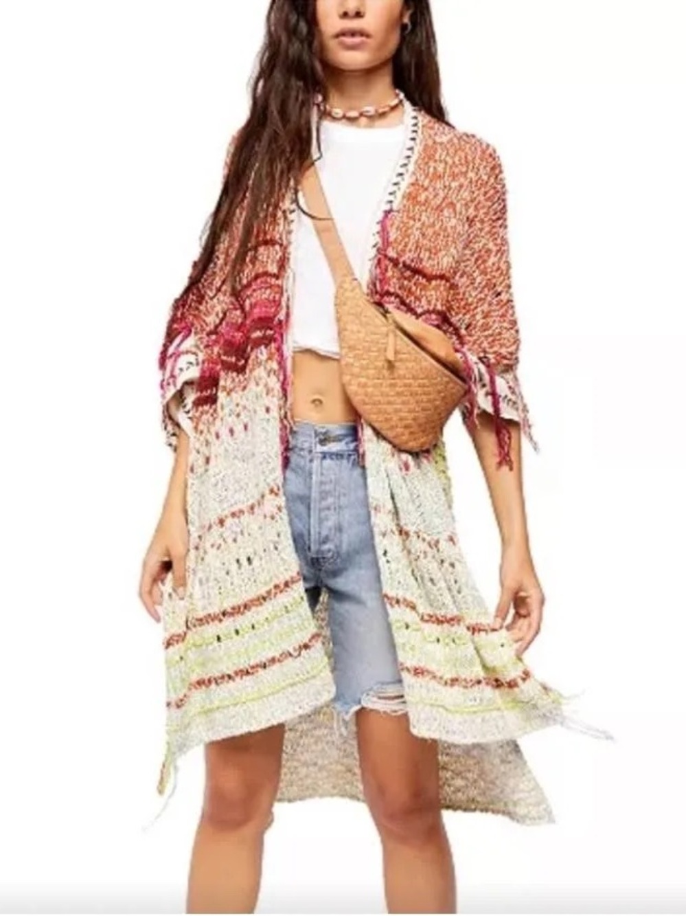Free People Skies the Limit Cardigan/sweater/poncho Dessert Dream Fringe Boho - Picture 3 of 13